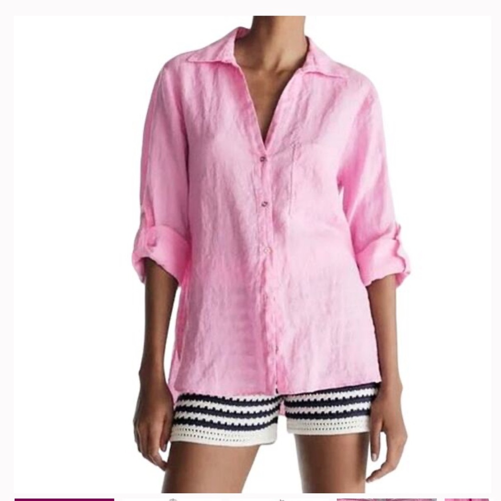ZARA Pink linen Blouse button up shirt w/ gold buttons